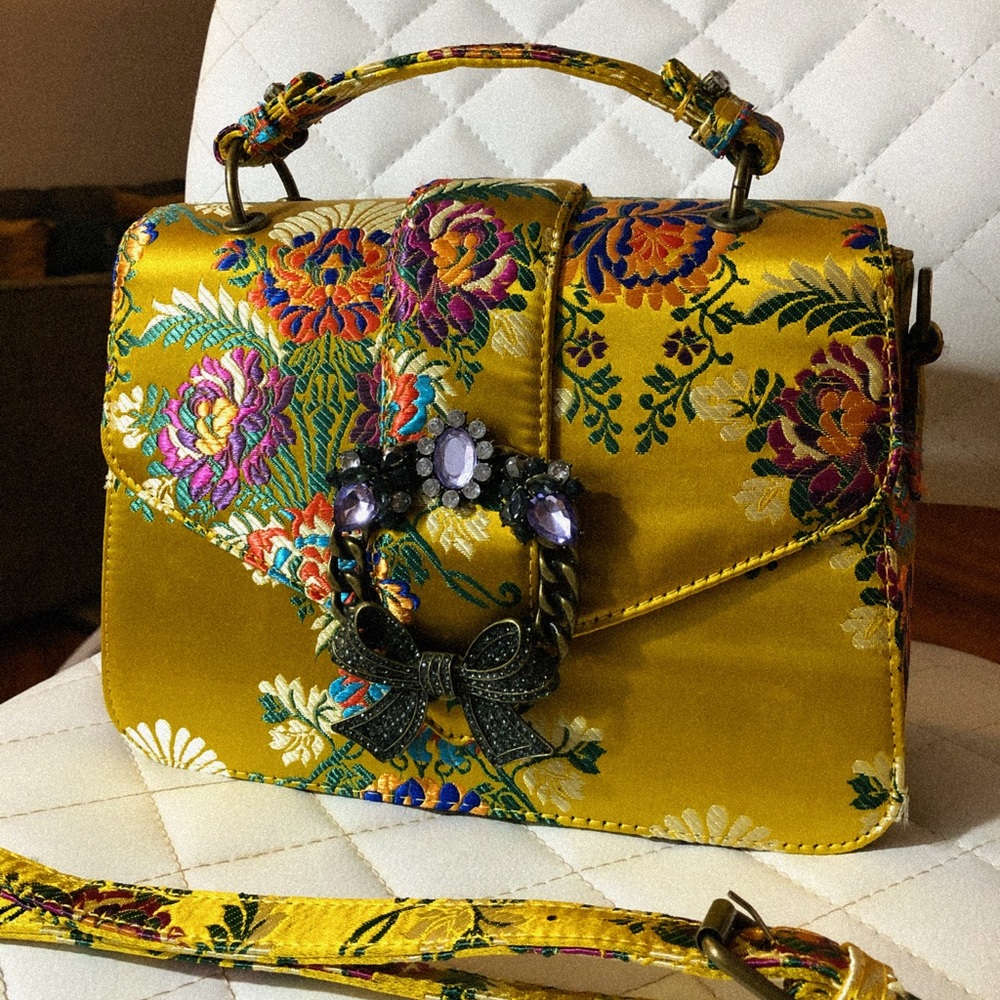 Telawen Gold Jacquard Fabric Satchel Bag